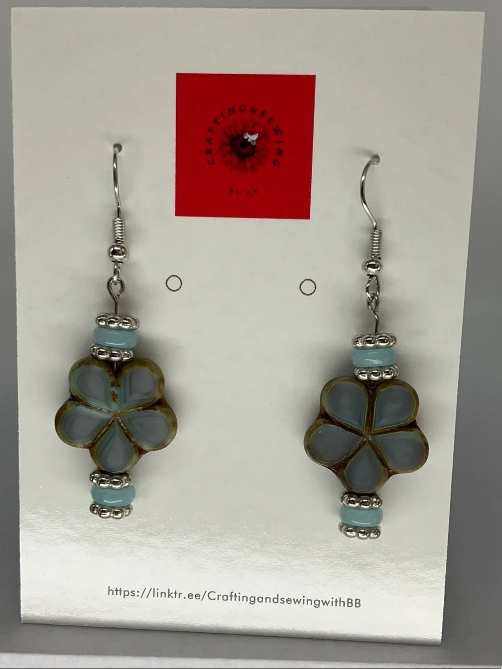 Handcrafted Light Blue Czech Flower Drop Earrings with Silver Accents